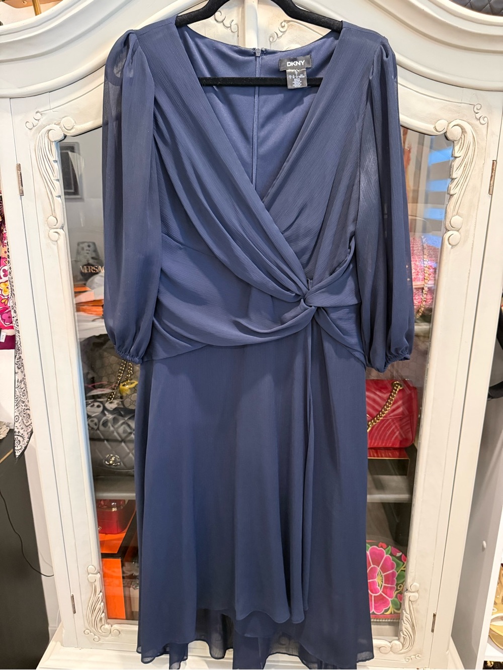 DKNY Slate Blue Knot-Front Midi Dress